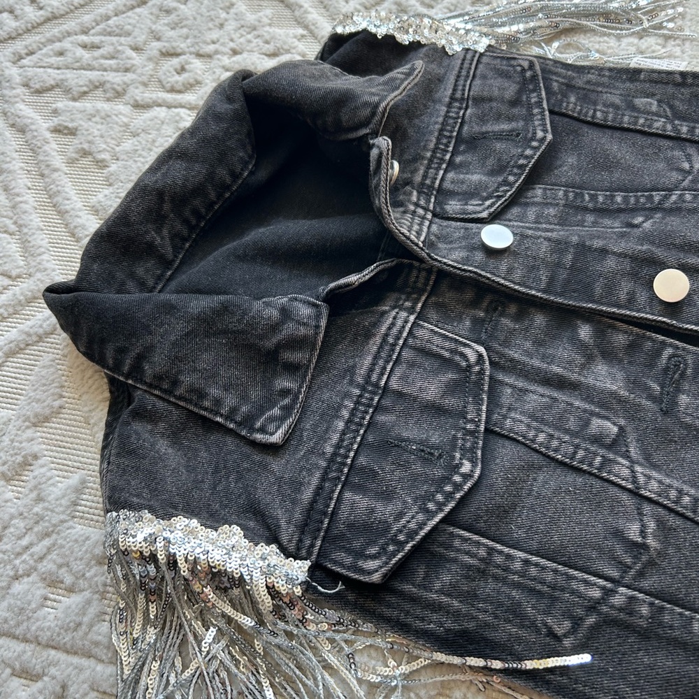 Distressed Black Denim Jacket with Silver Fringe
